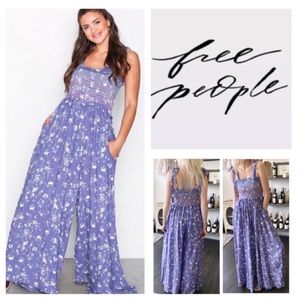 Free People Purple Floral Jumpsuit with Wide-Leg Design
